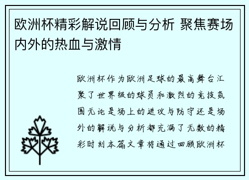 欧洲杯精彩解说回顾与分析 聚焦赛场内外的热血与激情