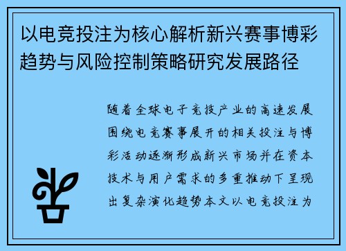 以电竞投注为核心解析新兴赛事博彩趋势与风险控制策略研究发展路径